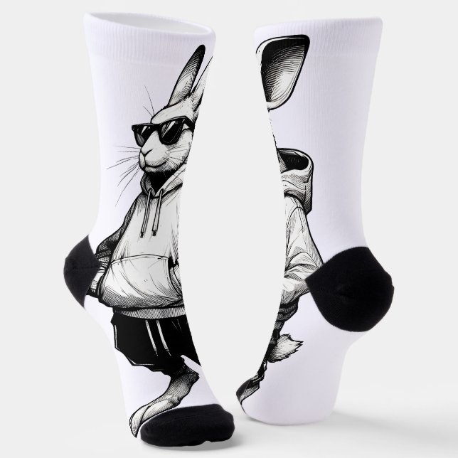 Bunny Face With Sunglasses Happy Easter Day Socks (Angled)