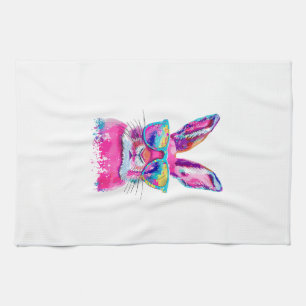 Bunny Face with Tie Dye Glasses Happy Easter Day M Tea Towel