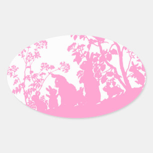 Bunny Family Silhouette Nature Scene Vintage Woods Oval Sticker