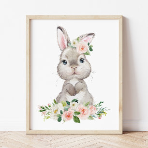 Bunny, Farm Animals, Pink Flowers, Girl Nursery Poster
