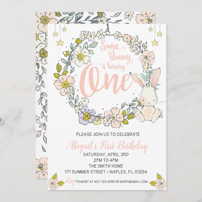 Bunny First Birthday Invitation (Front/Back)