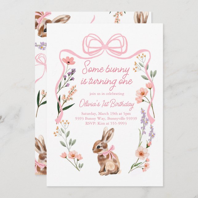 Bunny first birthday invitation wildflowers bow (Front/Back)