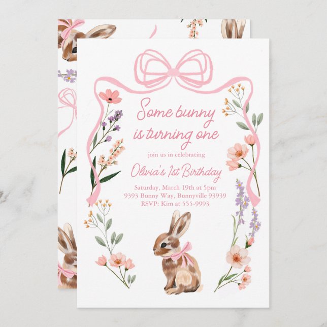 Bunny first birthday invitation wildflowers bow (Front/Back)