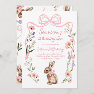 Bunny first birthday invitation wildflowers bow