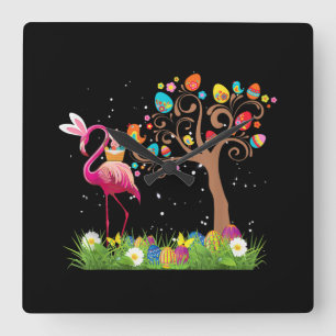 Bunny Flamingo Easter 2021 Cute Flamingo Lovers Square Wall Clock