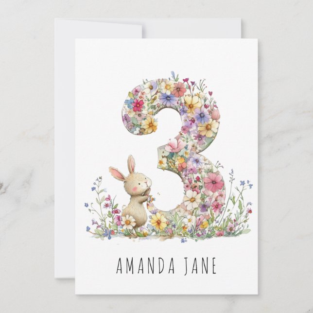 Bunny Floral 3rd Birthday Invitation (Front)