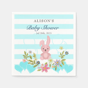 Bunny Floral Blue teal stripes Boy Baby Shower Napkin