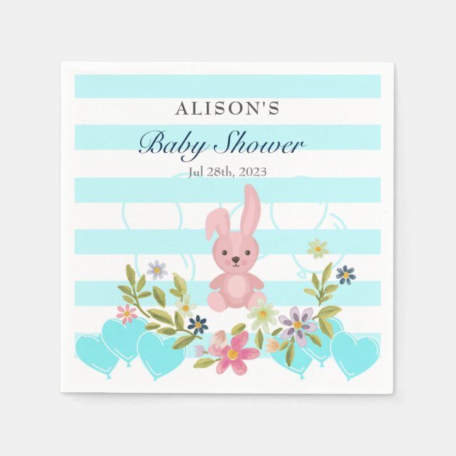 Bunny Floral Blue teal stripes Boy Baby Shower Napkin (Front)