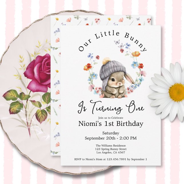 Bunny Floral First Birthday Invitation (Bunny Floral First Birthday Invitation 1)