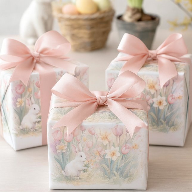 Bunny Florals for Spring-Easter  Wrapping Paper Sheet (Wrapped in bunny florals with blush bows, these spring gifts charm any Easter table setting.)