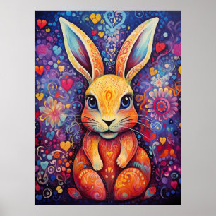 Bunny Flowers hearts purple Poster