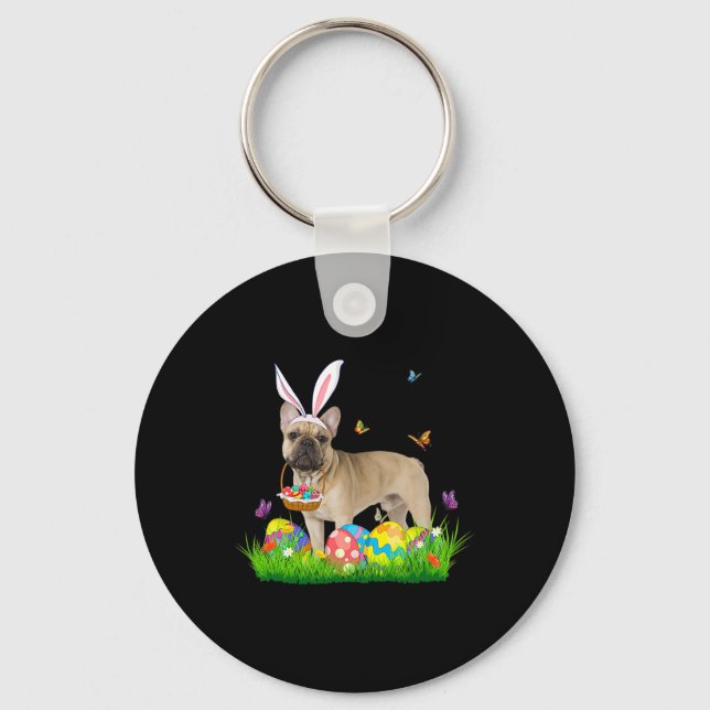 Bunny French Bulldog With Egg Basket Easter Huntin Key Ring (Front)