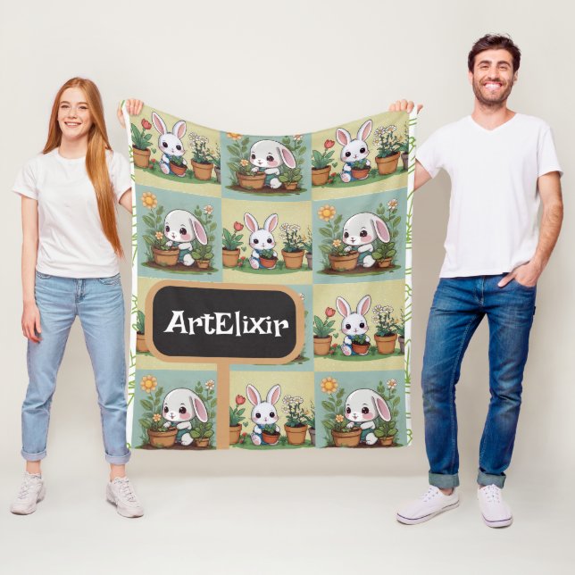 Bunny Gardening Print Fleece Blanket (In Situ)
