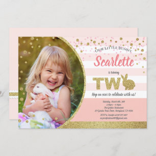 Bunny girl 2nd birthday photo invitation pink gold