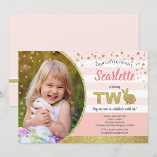Bunny girl 2nd birthday photo invitation pink gold