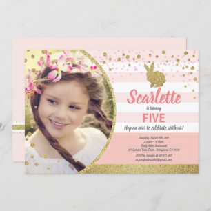 Bunny girl birthday photo invitation pink gold
