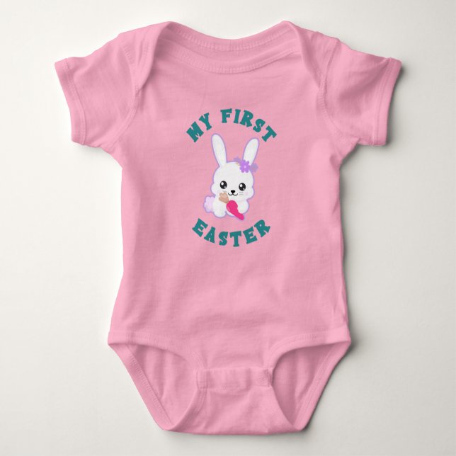 Bunny Girl First Easter Pink Baby Bodysuit (Front)