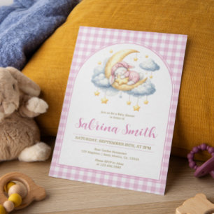 Bunny Girl Moon Star Pink Gingham Baby Shower  Invitation