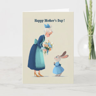 Bunny Giving Flowers to Grandma for Mother's Day Card