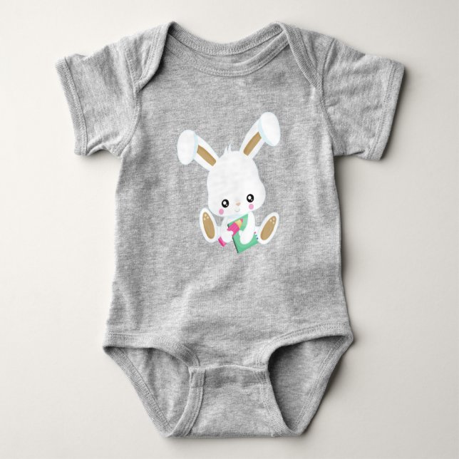 Bunny Going To School, Cute Bunny, Books, Pencil Baby Bodysuit (Front)