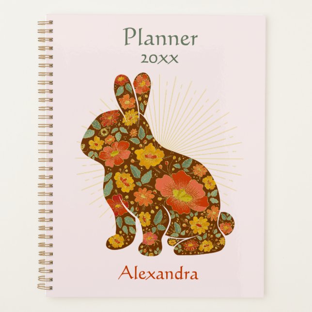 Bunny Gold Glitter Personalised Floral Planner (Front)