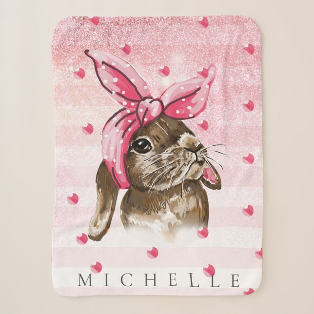 Bunny Hand painted glitter Personalised Sherpa Blanket (Front)