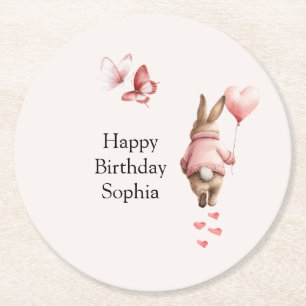 Bunny Heart Balloon Pink Butterflies Birthday Round Paper Coaster