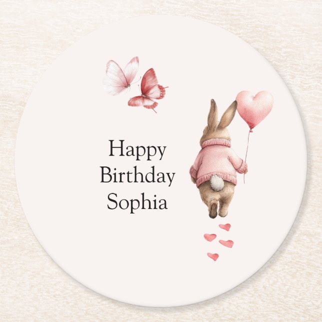 Bunny Heart Balloon Pink Butterflies Birthday Round Paper Coaster (Front)