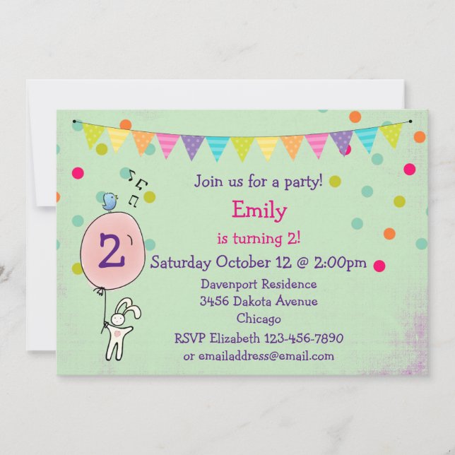 Bunny Holding a Balloon Birthday Party Invite (Front)