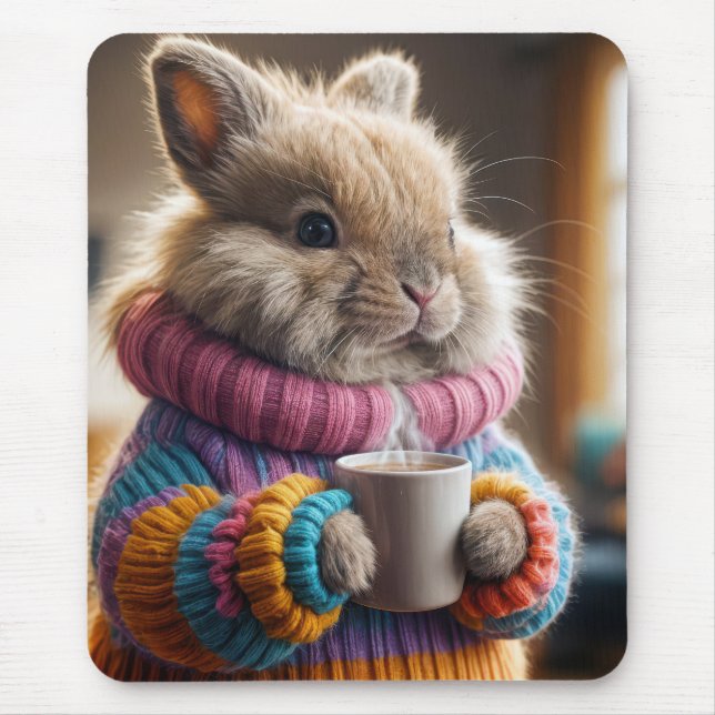 Bunny Holding a Hot Cup of Coffee Mouse Pad (Front)