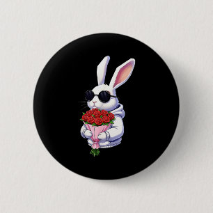 Bunny Hugging Valentine Flower Bunny  6 Cm Round Badge