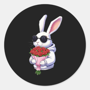Bunny Hugging Valentine Flower Bunny  Classic Round Sticker