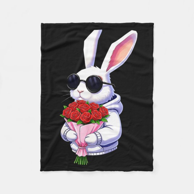 Bunny Hugging Valentine Flower Bunny  Fleece Blanket (Front)