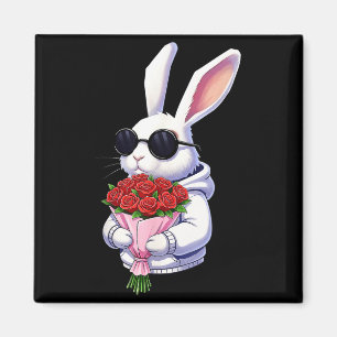 Bunny Hugging Valentine Flower Bunny Magnet