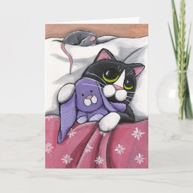 Bunny Hugz | Tuxedo Cat and Toy Bunny Illustration Card (Front)