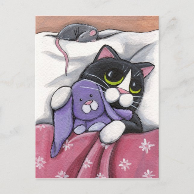 Bunny Hugz | Tuxedo Cat and Toy Bunny Illustration Postcard (Front)