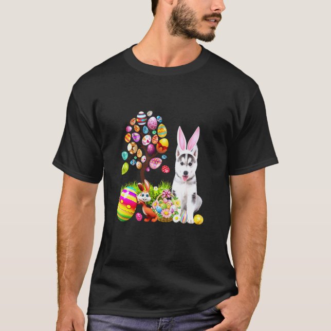 Bunny Husky Dog Happy Easter Eggs Tree T-Shirt (Front)