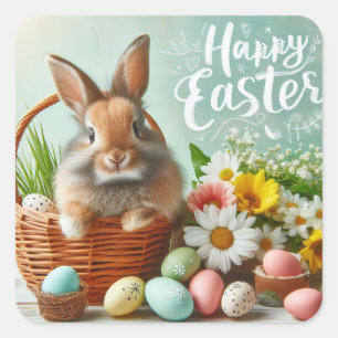Bunny in a basket, flowers and easter eggs square sticker