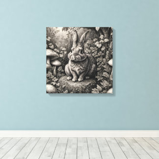 Bunny in a mushroom garden canvas print
