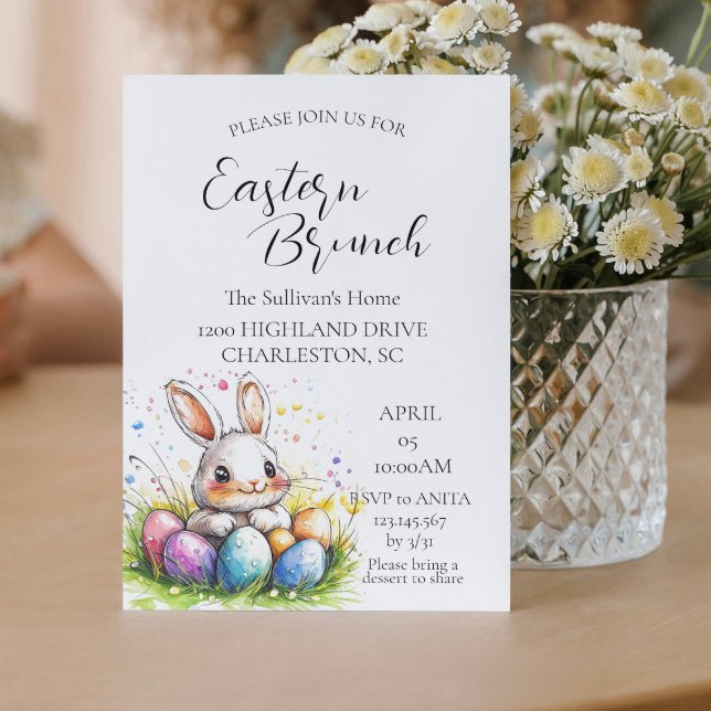 Bunny in basket with eggs Easter Brunch Invitation (Creator Uploaded)