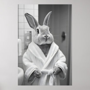 Bunny in Bathrobe Print, Funny Bathroom AI Art Poster