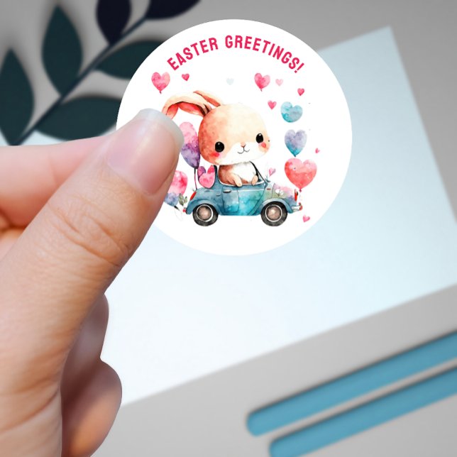 Bunny in Car Easter Greetings Custom Classic Round Sticker (Creator Uploaded)