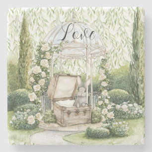 Bunny in Chest Green Leaves Floral Stone Coaster