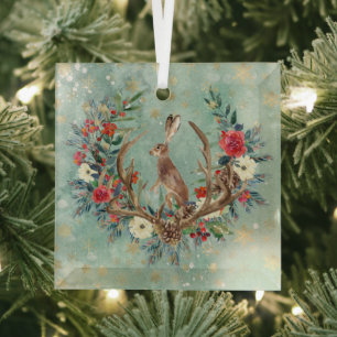 Bunny in Christmas Antlers Glass Tree Decoration