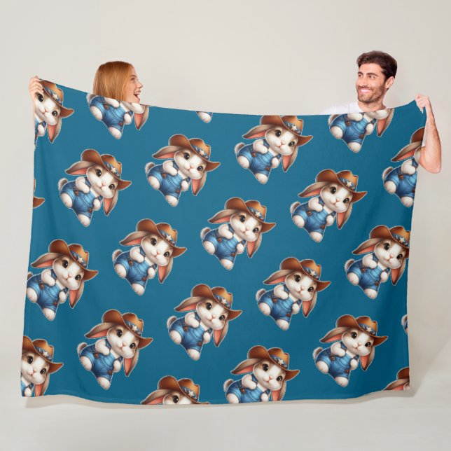 Bunny in Cowboy Outfit with Hat and Overalls Fleece Blanket (In Situ)