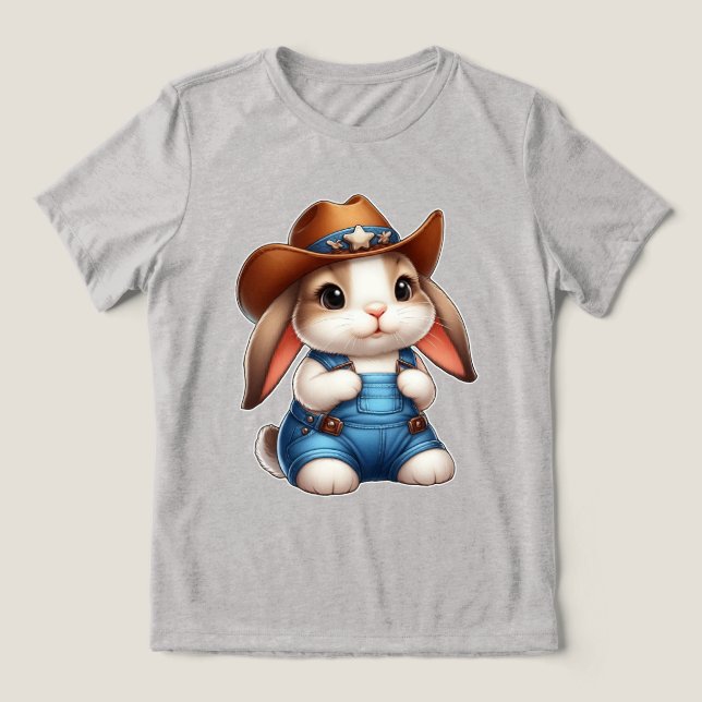 Bunny in Cowboy Outfit with Hat and Overalls Tri-Blend Shirt (Design Front)