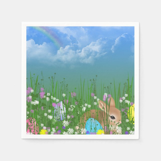 bunny in flowers with Easter eggs and rainbow Napkin (Front)