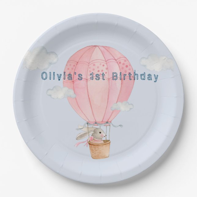 Bunny in Hotair balloon pastel colour birthday Paper Plate (Front)