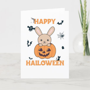 Bunny In Pumpkin Cute Bunnies Happy Halloween Holiday Card