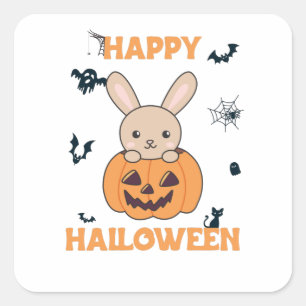 Bunny In Pumpkin Cute Bunnies Happy Halloween Square Sticker